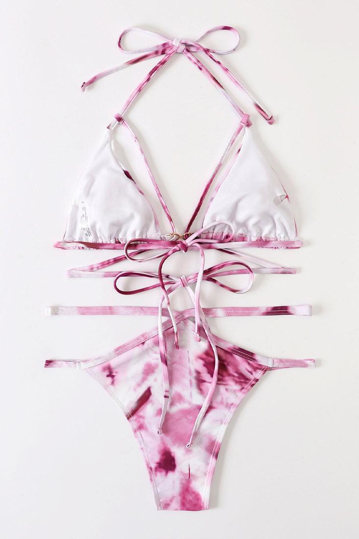 Sexy Pink Tie Dye Cut Out Strappy 2 Pc Bikini Set