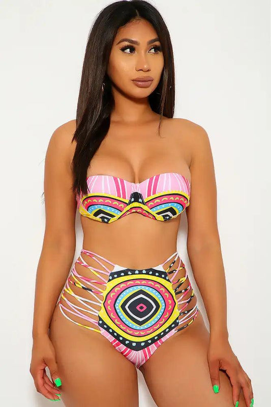 Sexy Pink Tribal Print Strappy High Waist Swimsuit