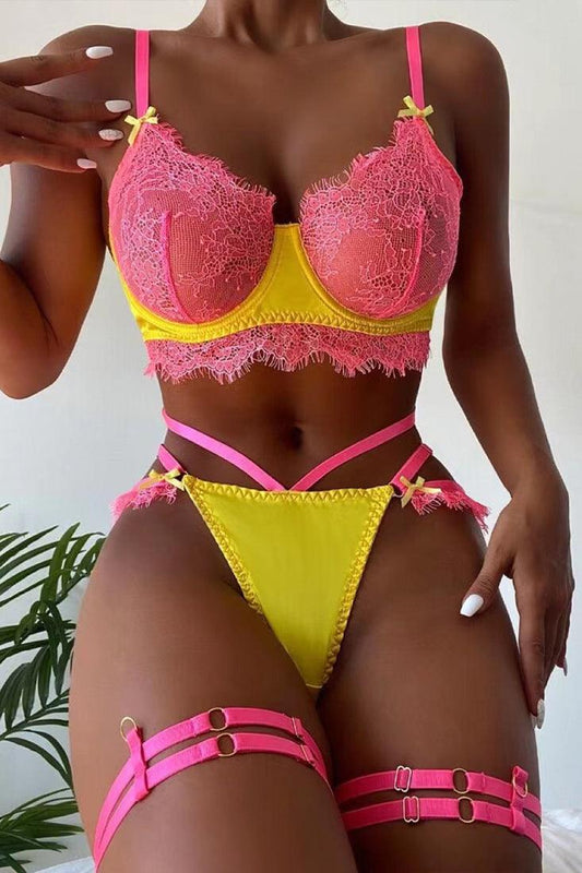 Sexy Pink Yellow Lingerie Lace Set