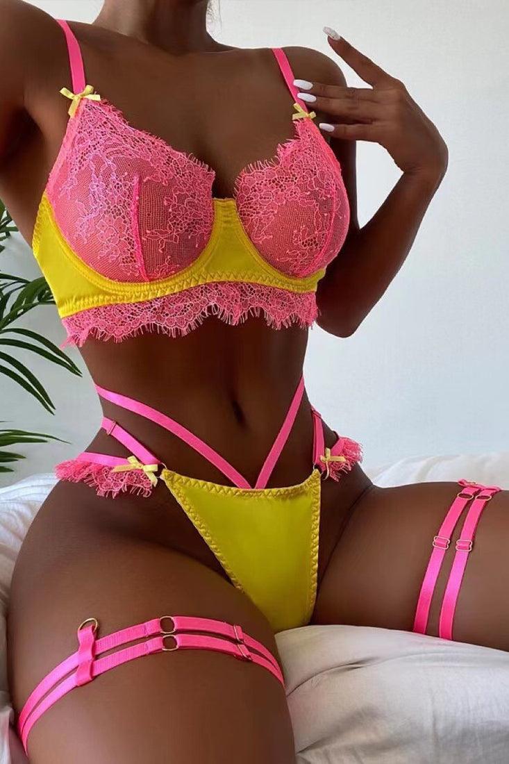 Sexy Pink Yellow Lingerie Lace Set