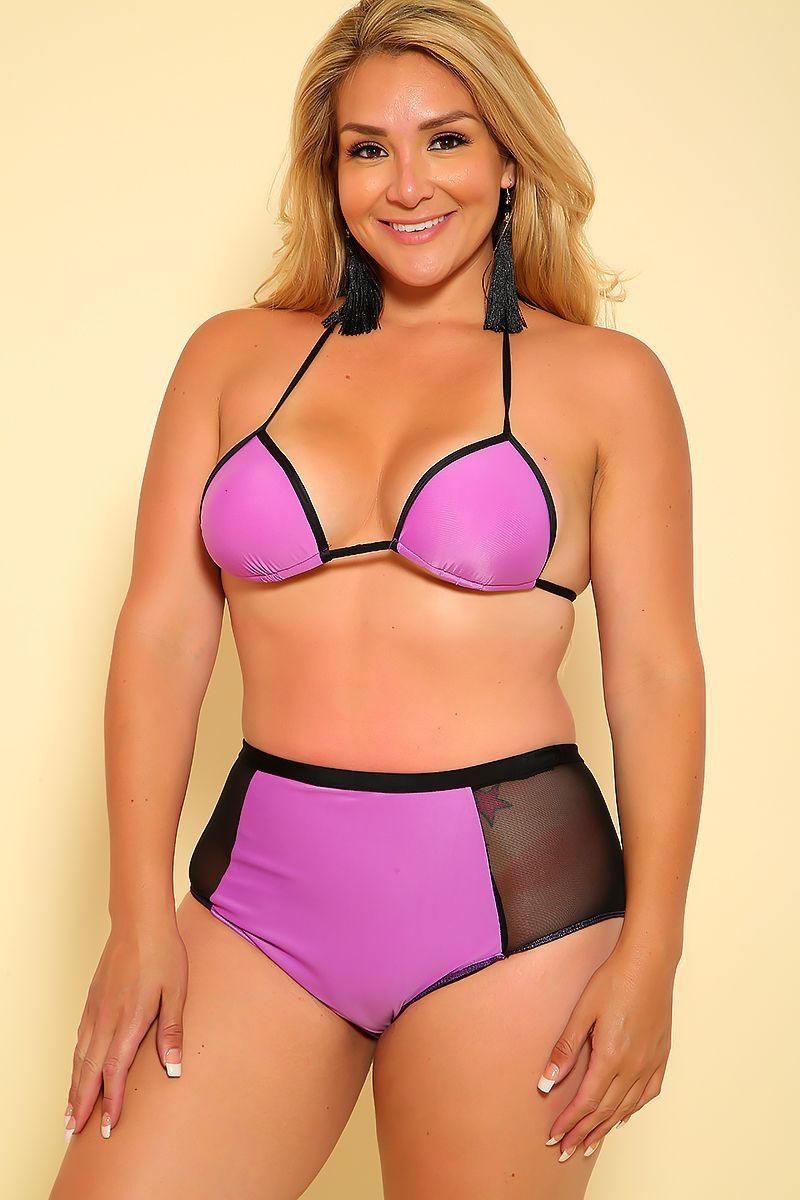 Sexy Purple Black Two Tone Mesh High Waist Plus Size 2Pc. Swimsuit