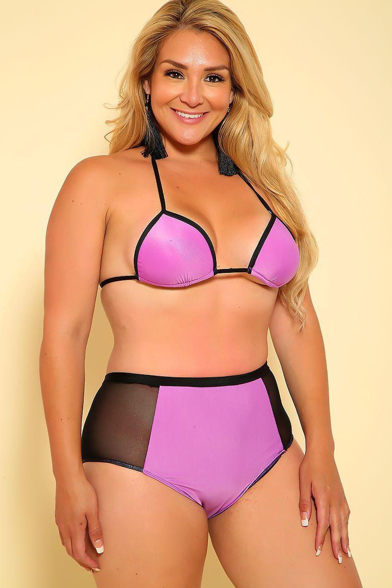 Sexy Purple Black Two Tone Mesh High Waist Plus Size 2Pc. Swimsuit