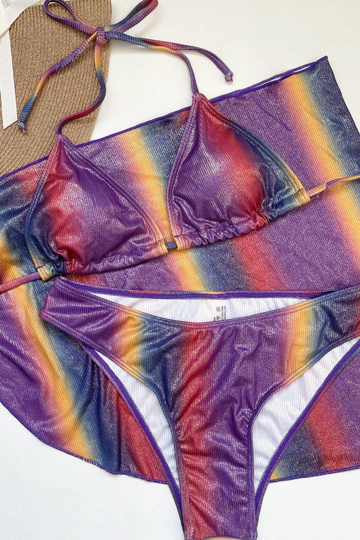 Sexy Purple Rainbow Metallic 3pc Bikini With Skirt