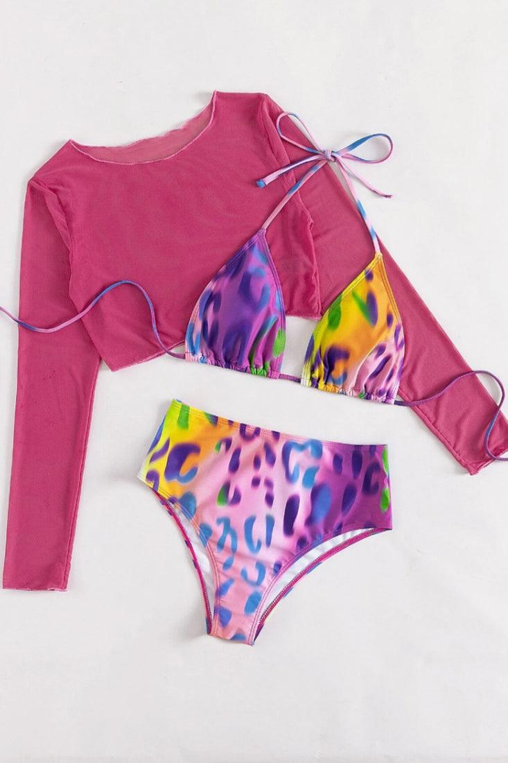 Sexy Rainbow Leopard Bikini With Pink Coverup