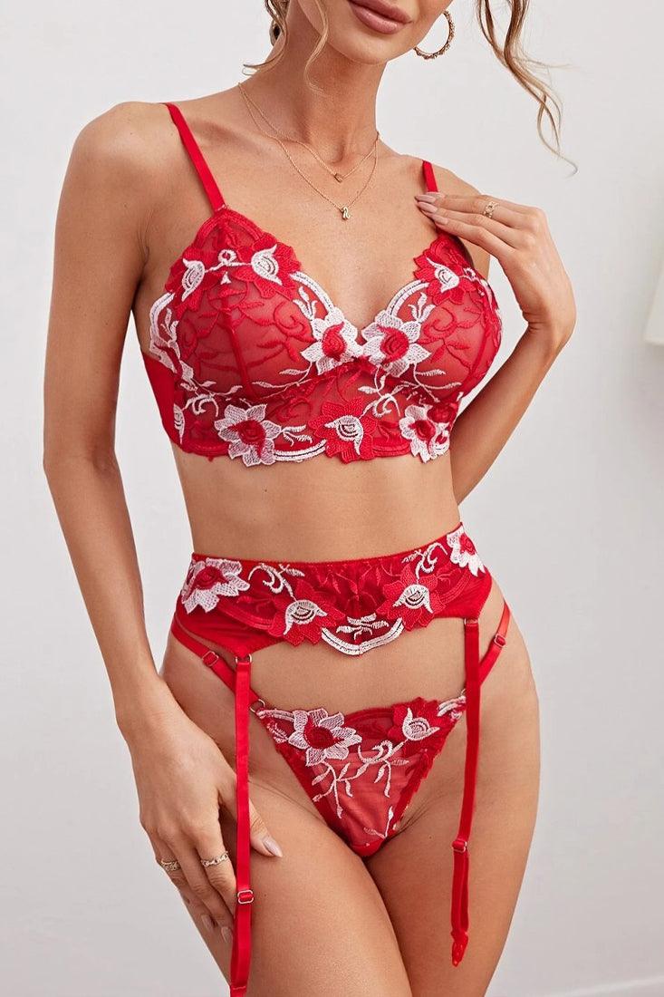 Sexy Red Floral Embroidered Mesh 3 Pc Lingerie Set