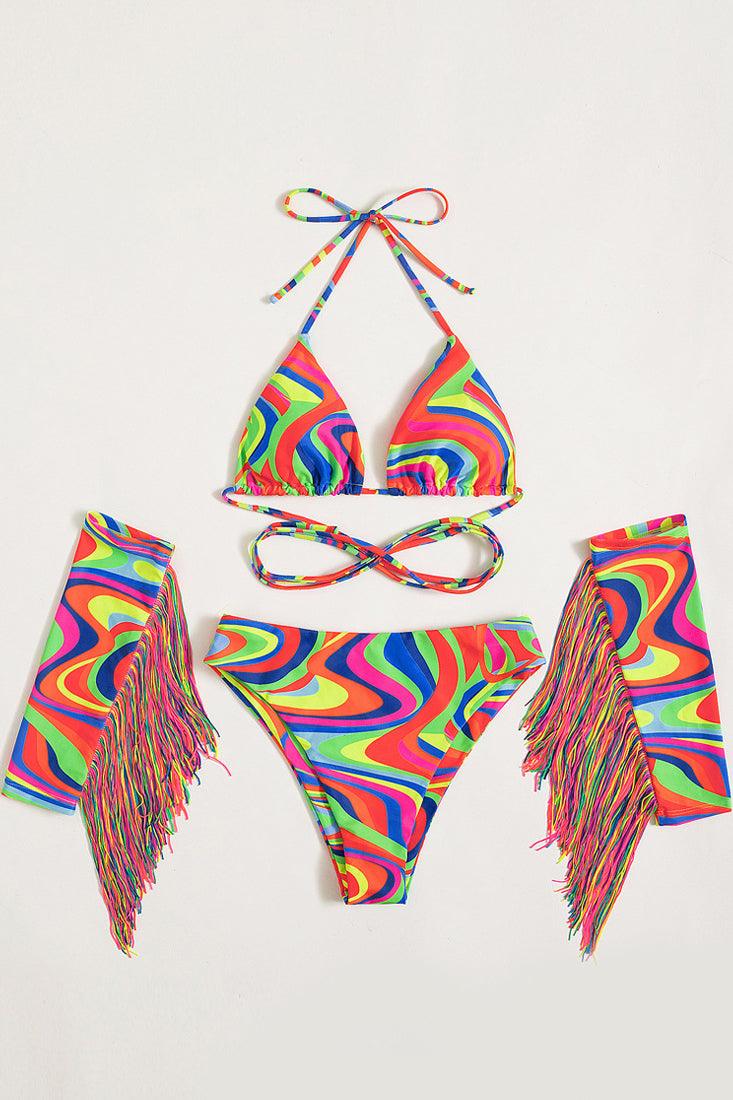 Sexy Red Multi Strappy Halter Fringe Sleeves Bikini Set