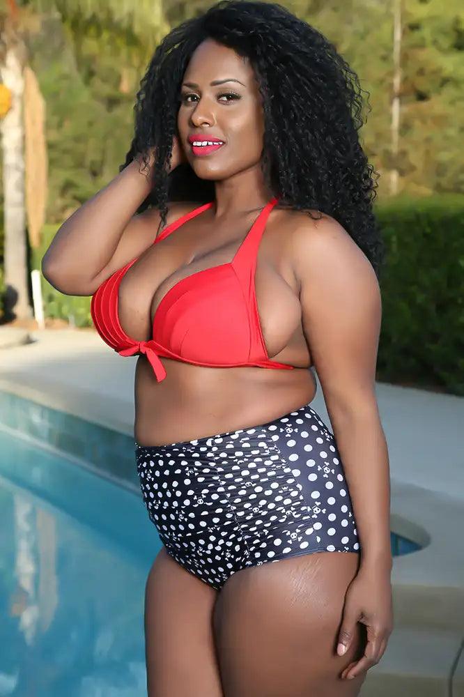 Sexy Red Skulls Polka Dot Print High Waist Plus Size Swimsuit