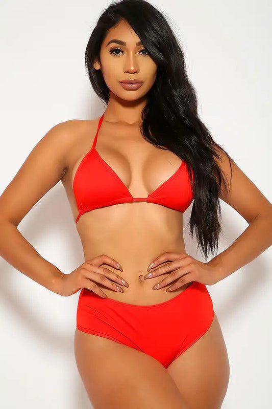 Sexy Red Triangle High Waisted Two Piece Swimsuit - Babewear