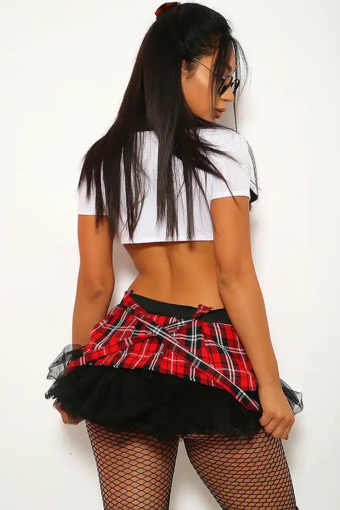 Sexy Red White Shirt Plaid Suspenders 3 Pc. School Girl Costume