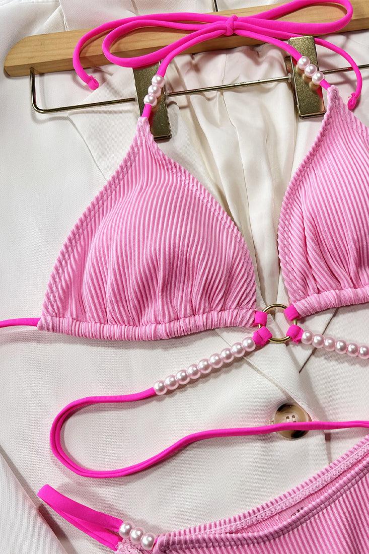 Sexy Ribbed Pink Pearl Strappy Cheeky Bikini