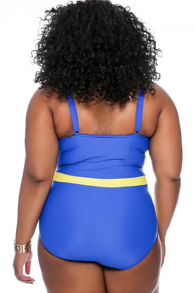 Sexy Royal Blue Color Block Plus Size One Piece Swimsuit