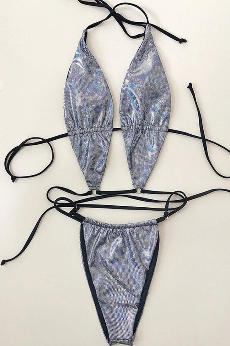 Sexy Silver Hologram Print 2pc Tie Bikini