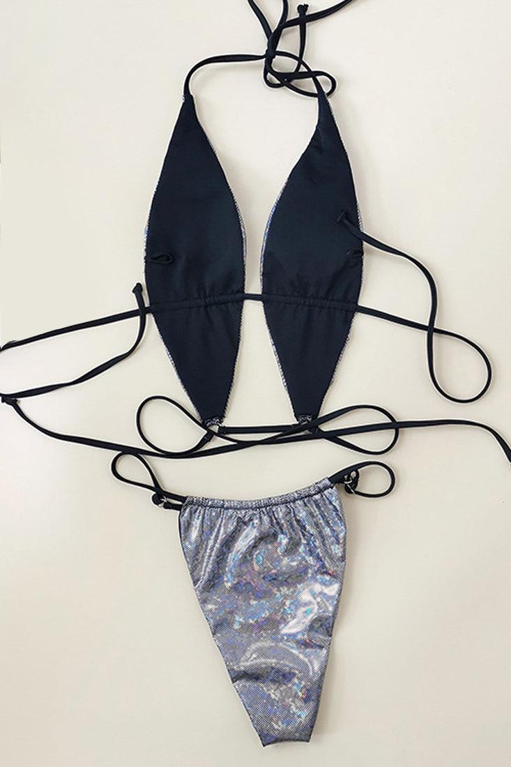 Sexy Silver Hologram Print 2pc Tie Bikini