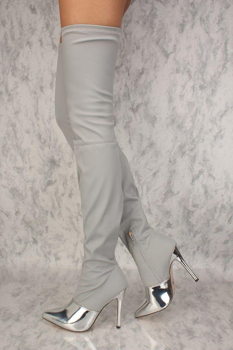 Sexy Silver Mirror Pointy Toe Thigh High Heel Boots Lycra