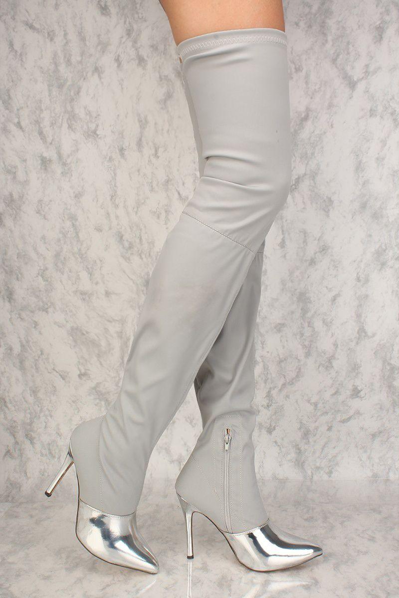 Sexy Silver Mirror Pointy Toe Thigh High Heel Boots Lycra