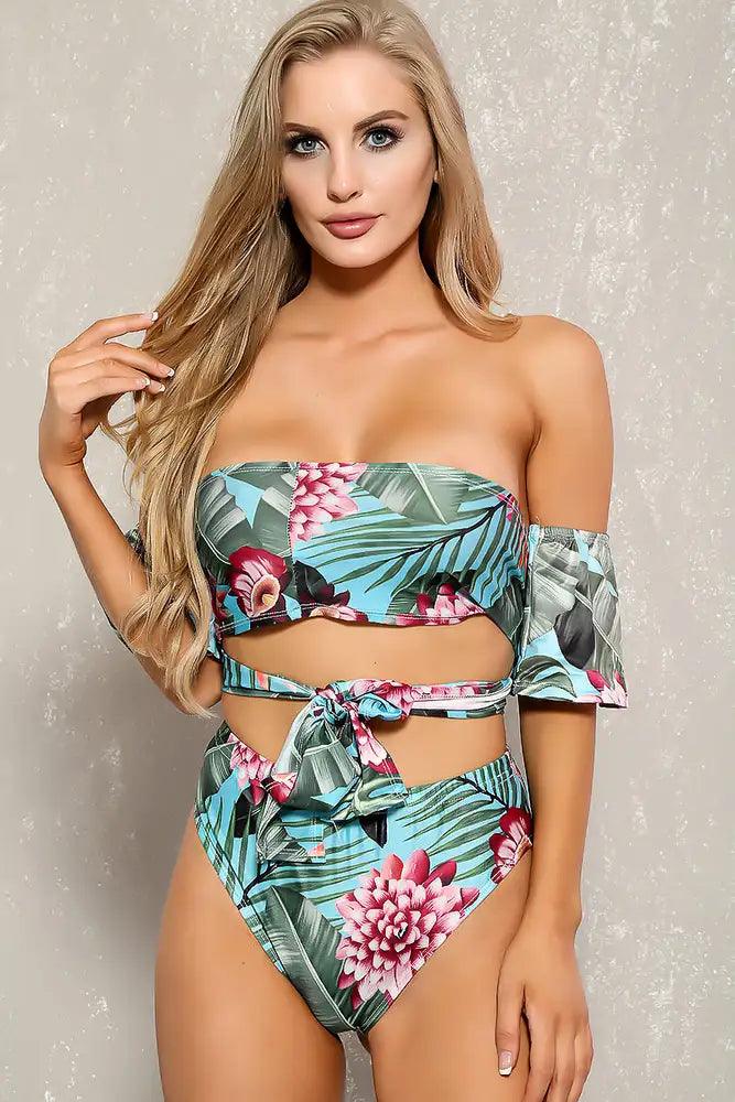 Sexy Sky Blue Green Tropical Print Two Piece Swimsuit Set - Babewear