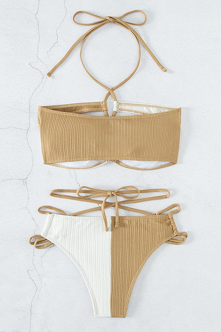 Sexy Tan Khaki Color Block 2pc Cheeky Bikini