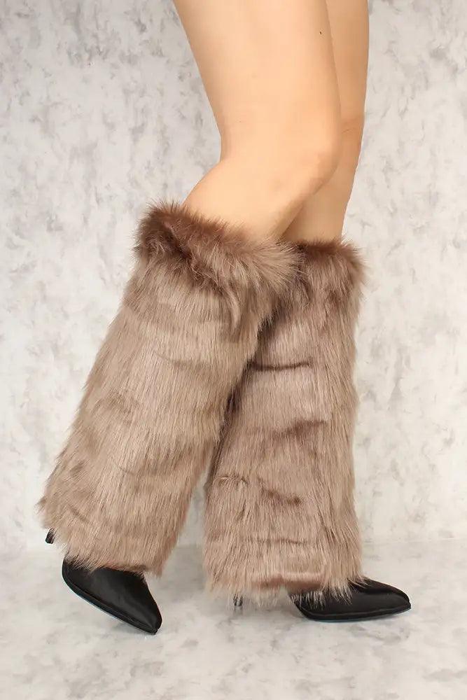 Sexy Taupe Faux Fur Knee High Leg Warmers Costume Accessory - Babewear