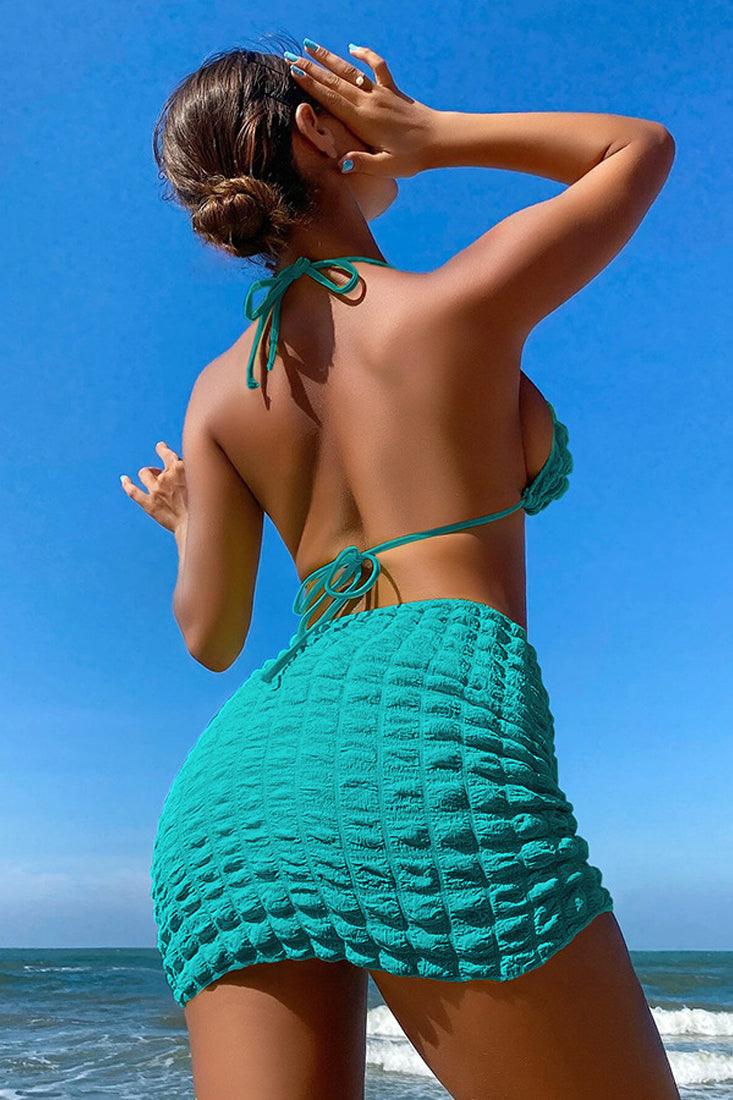 Sexy Teal 3pc Quilted Print Sexy Bikini With Coverup