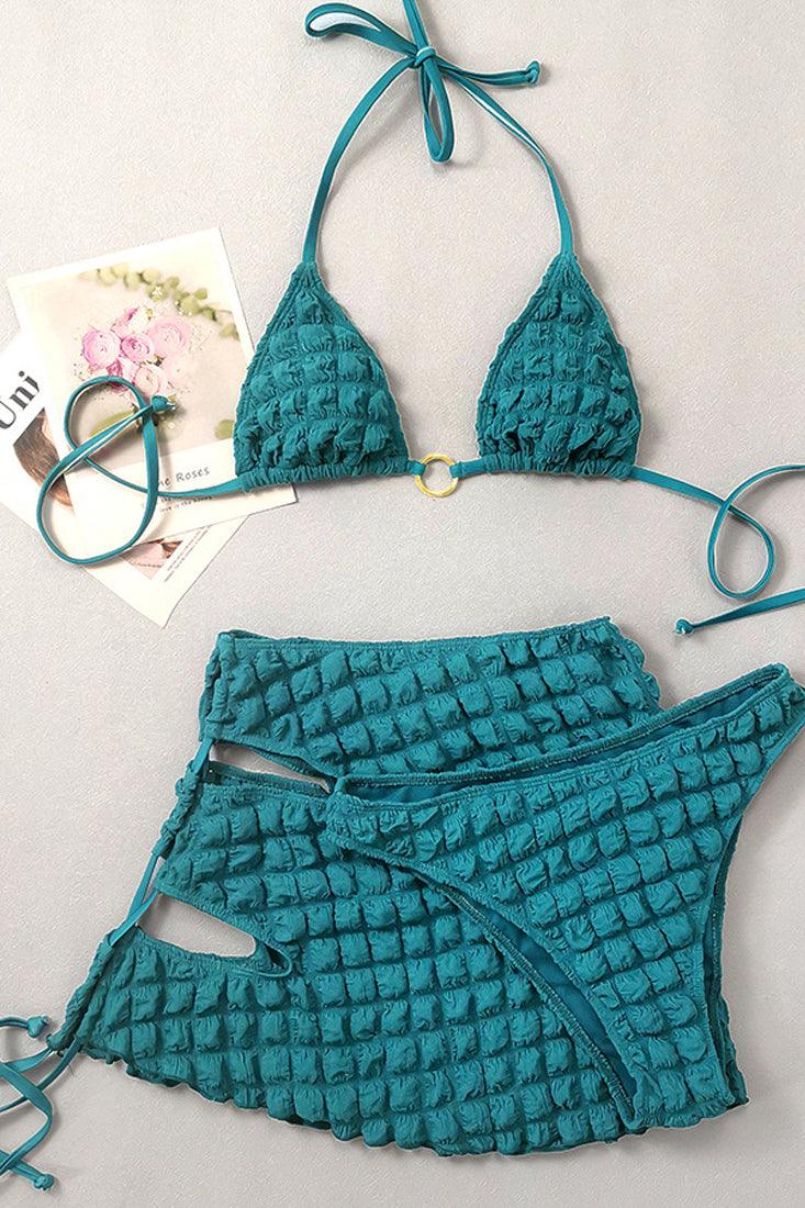 Sexy Teal 3pc Quilted Print Sexy Bikini With Coverup