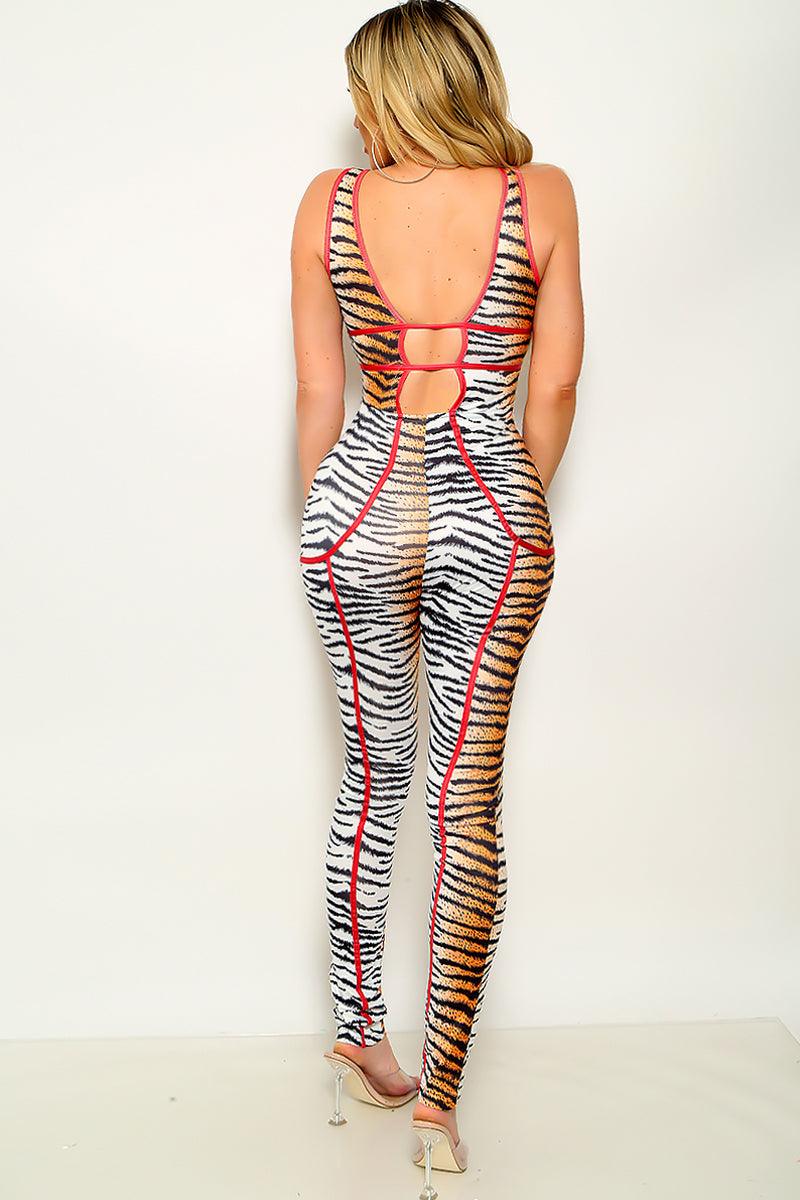 Sexy Tiger Deep Plunge Hollow Out Sleeveless Jumpsuit