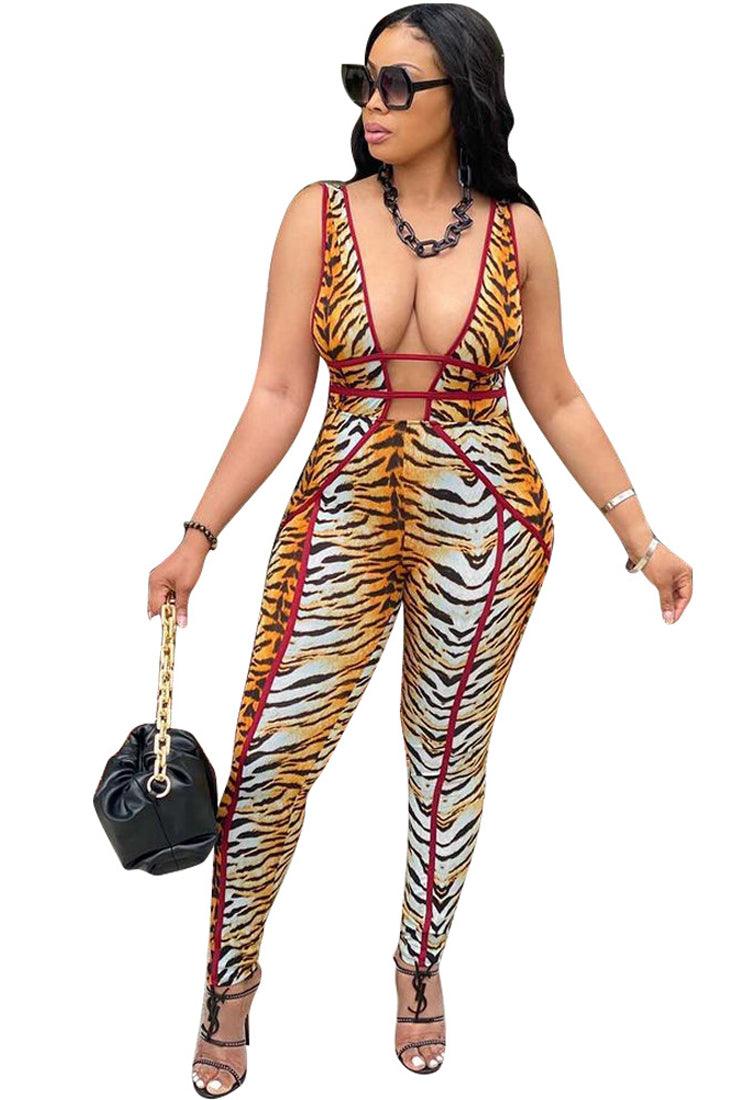 Sexy Tiger Deep Plunge Hollow Out Sleeveless Jumpsuit