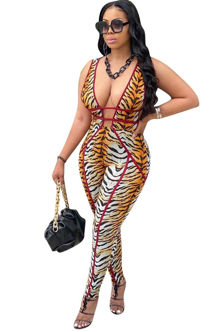 Sexy Tiger Deep Plunge Hollow Out Sleeveless Jumpsuit