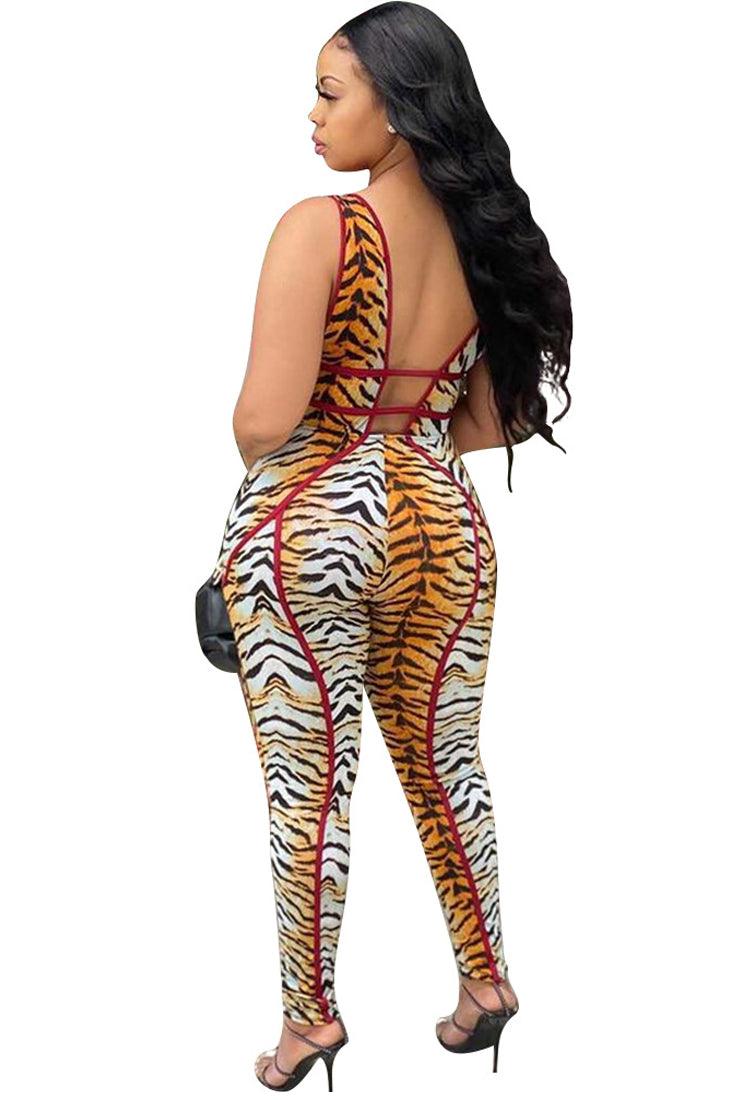 Sexy Tiger Deep Plunge Hollow Out Sleeveless Jumpsuit