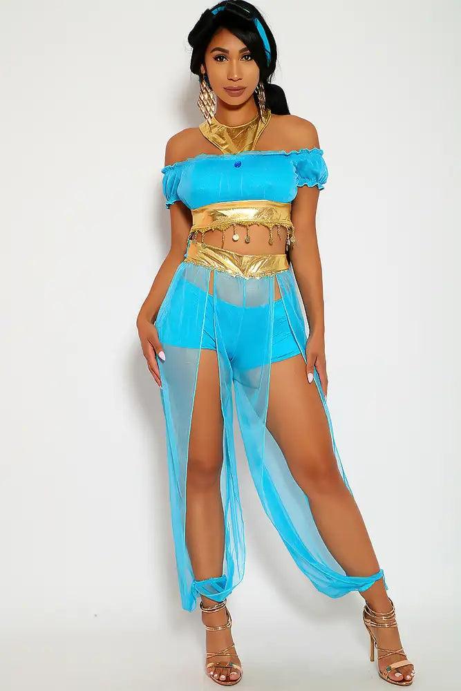 Sexy Turquoise Gold Sheer Storybook Fantasy Princess J 4 Pc. Costume Set - Babewear