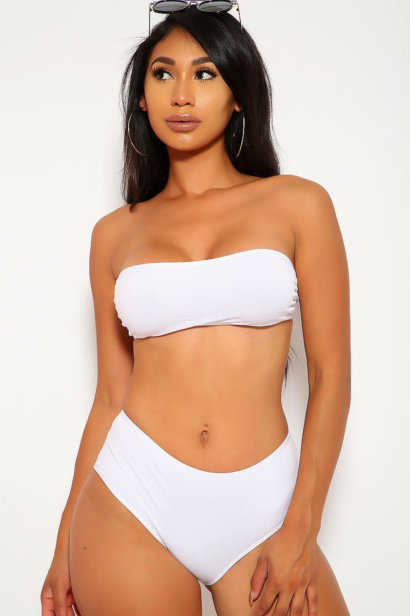 Sexy White Bandeau High Waist Two Piece Swimsuit - Babewear