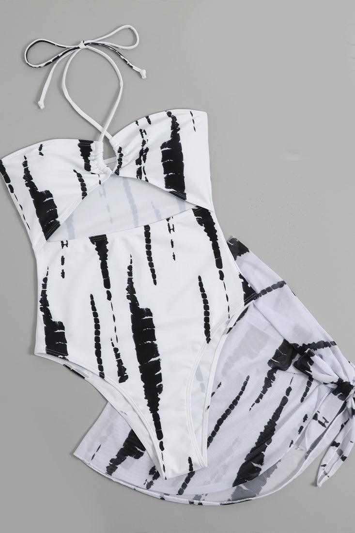 Sexy White Black Cutout Tie Die Monokini With Coverup