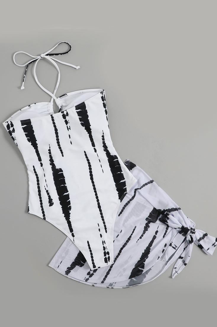 Sexy White Black Cutout Tie Die Monokini With Coverup