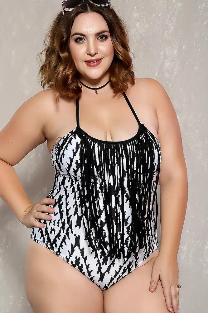 Sexy White Black Fringe Printed Padded Plus Size One Piece - Babewear