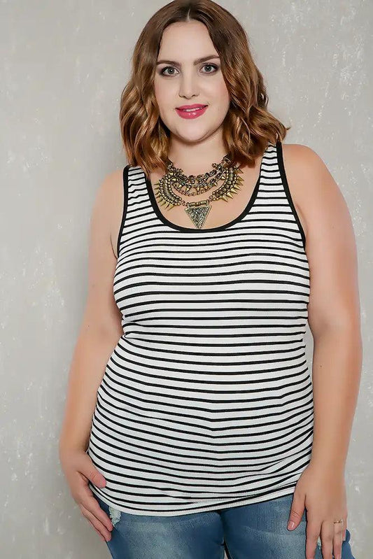 Sexy White Black Striped Ribbed Sleeveless Casual Plus Size Top