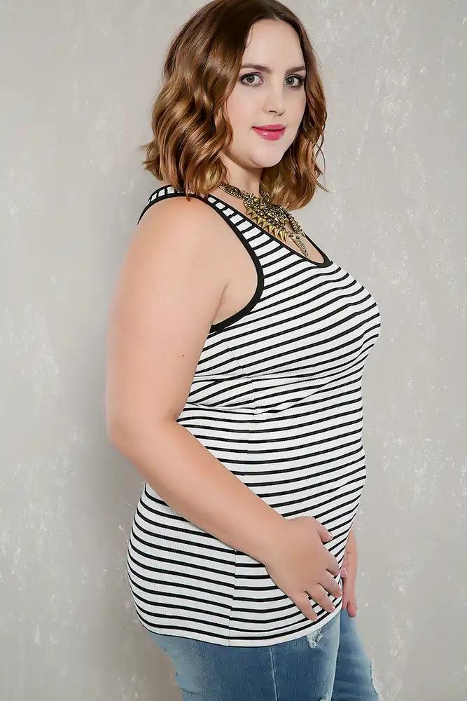 Sexy White Black Striped Ribbed Sleeveless Casual Plus Size Top