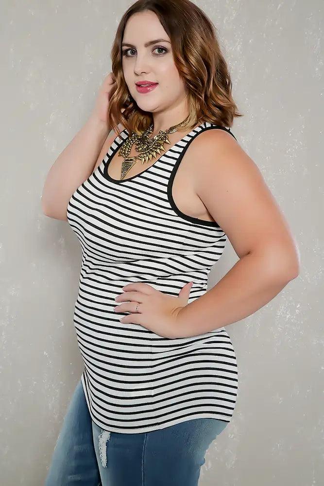 Sexy White Black Striped Ribbed Sleeveless Casual Plus Size Top