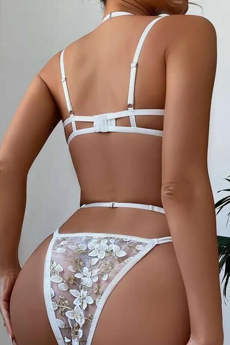 Sexy White Floral Underwire Silver Chain Garter 3 Pc Lingerie Set