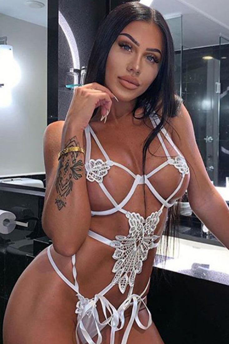 Sexy White Lingerie Embroidered Hollow Stappy Lingerie Bodysuit