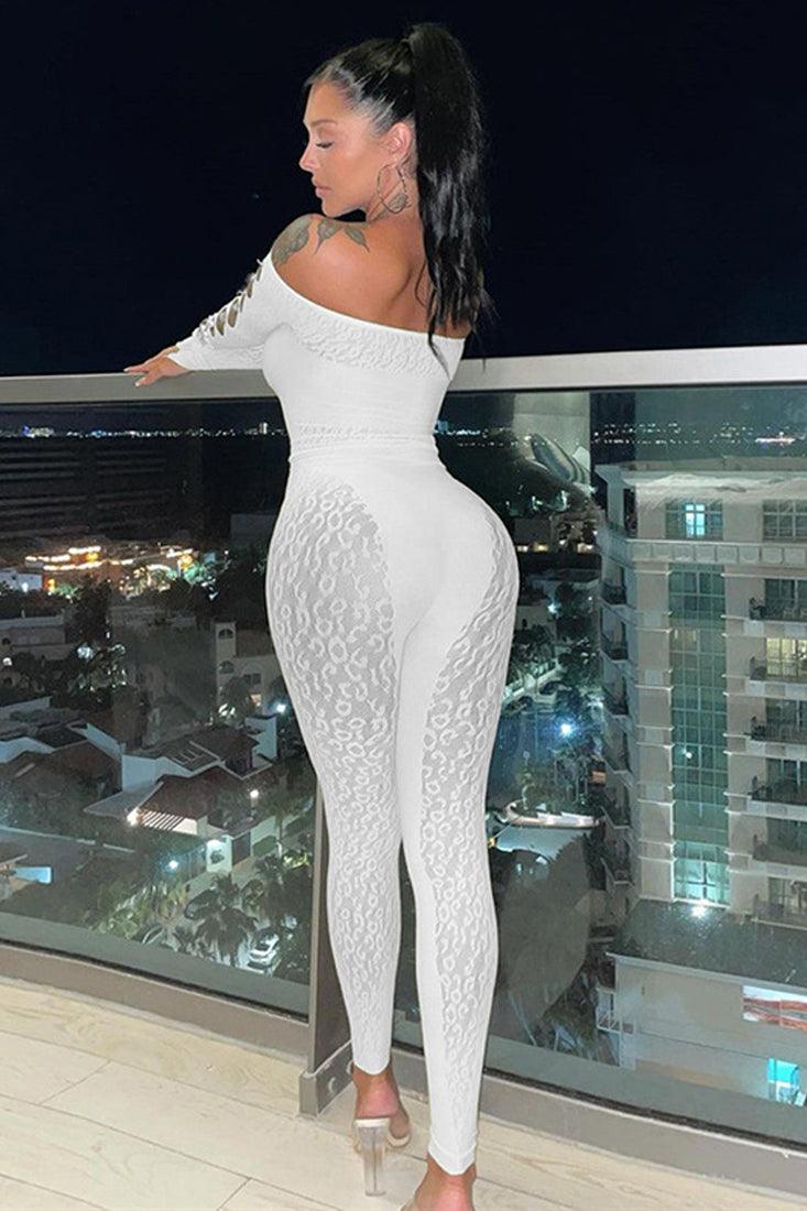 Sexy White Stretchy Mesh Rhinestone Button Bodysuit Jumpsuit