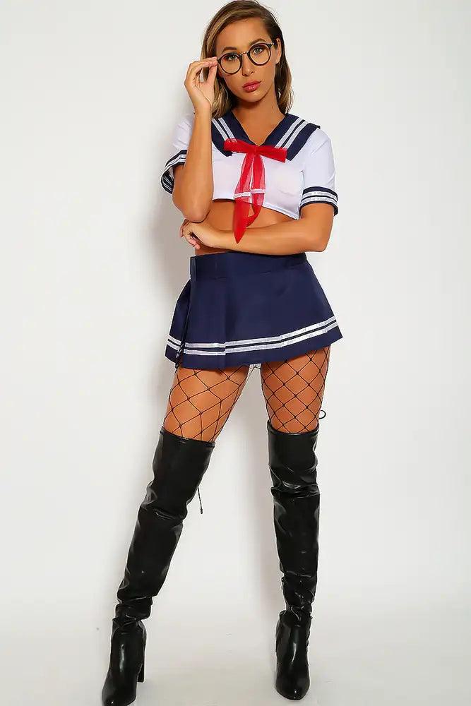 Sexy White Navy Sailor Costume Two Piece Crop Top Mini Skirt Stripe Detail Fitted - Babewear