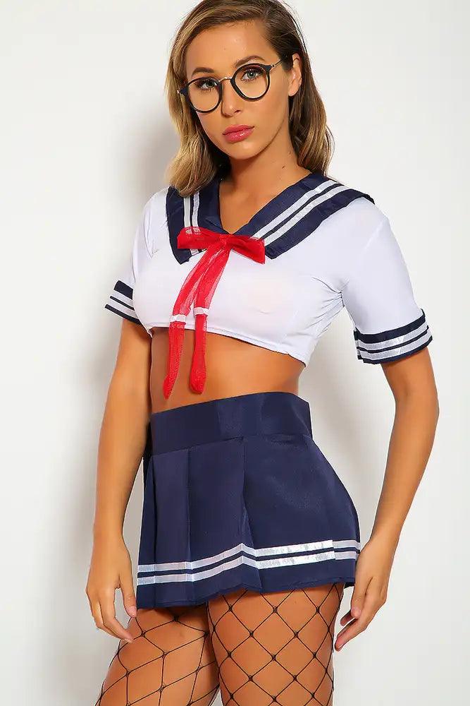 Sexy White Navy Sailor Costume Two Piece Crop Top Mini Skirt Stripe Detail Fitted