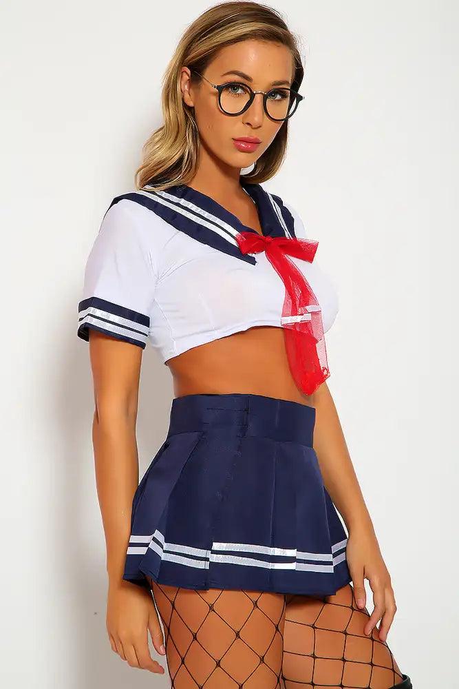 Sexy White Navy Sailor Costume Two Piece Crop Top Mini Skirt Stripe Detail Fitted