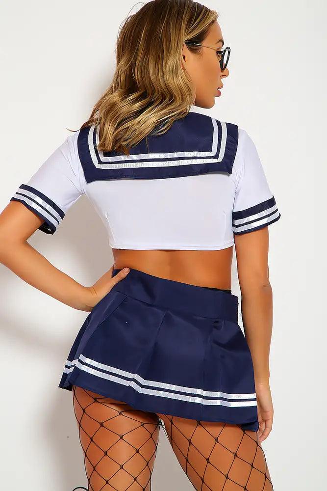 Sexy White Navy Sailor Costume Two Piece Crop Top Mini Skirt Stripe Detail Fitted