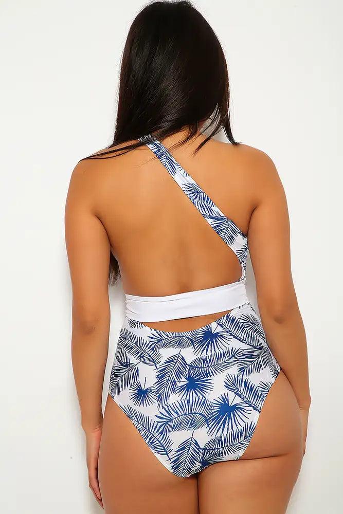 Sexy White Navy Tropical Print One Sleeve One Piece Swimsuit