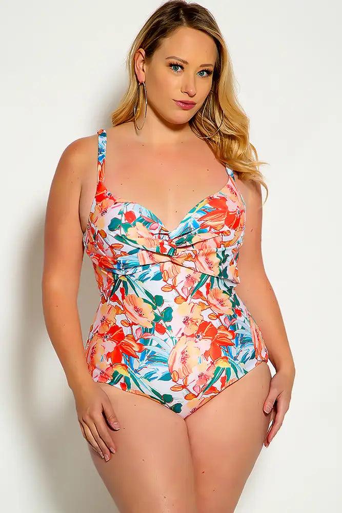 Sexy White Orange Floral Leaf Print Padded One Piece Swimsuit