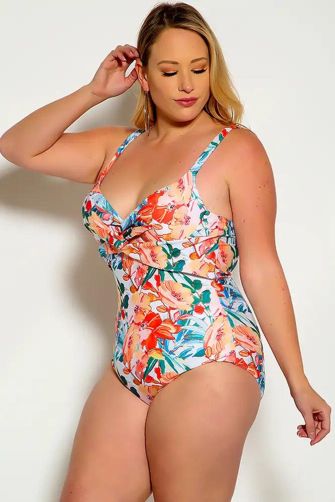 Sexy White Orange Floral Leaf Print Padded One Piece Swimsuit