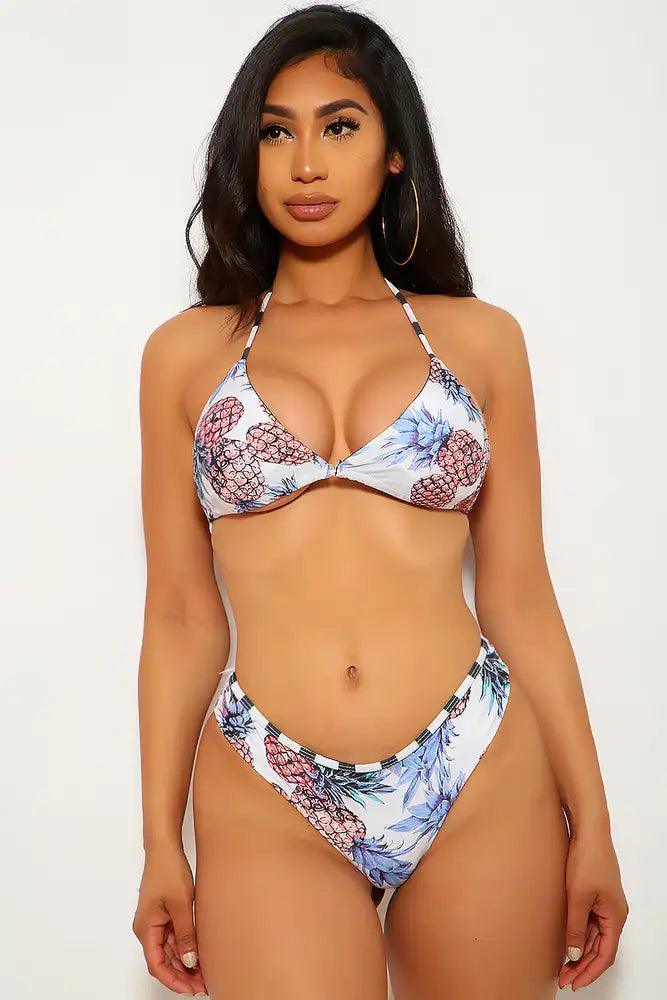 Sexy White Pineapple Graphic Print String Two Piece Swimsuit