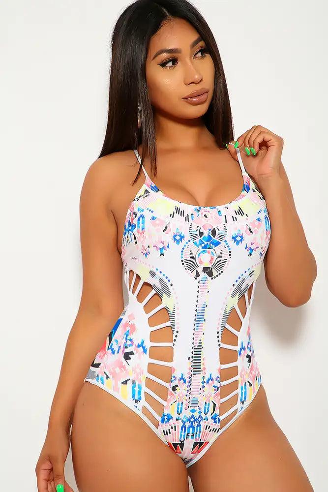 Sexy White Pink Tribal Caged Detailing One Piece Swimsuit