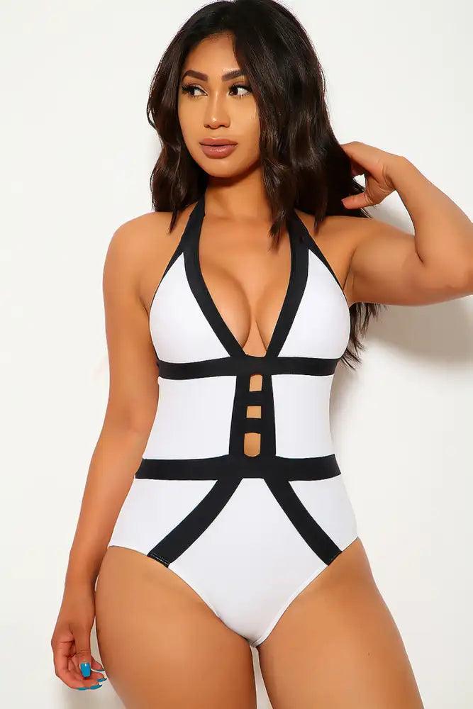 Sexy White Plunging V Neck Line One Piece Swimsuit