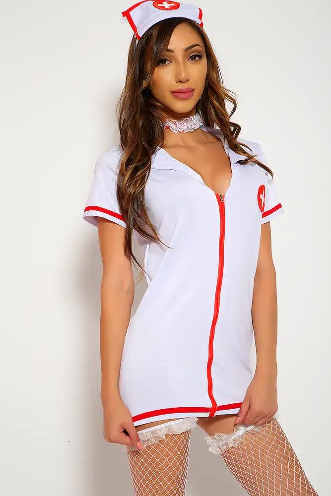 Sexy White Red Lace Zipper Dress Uniform Nurse Halloween Costume